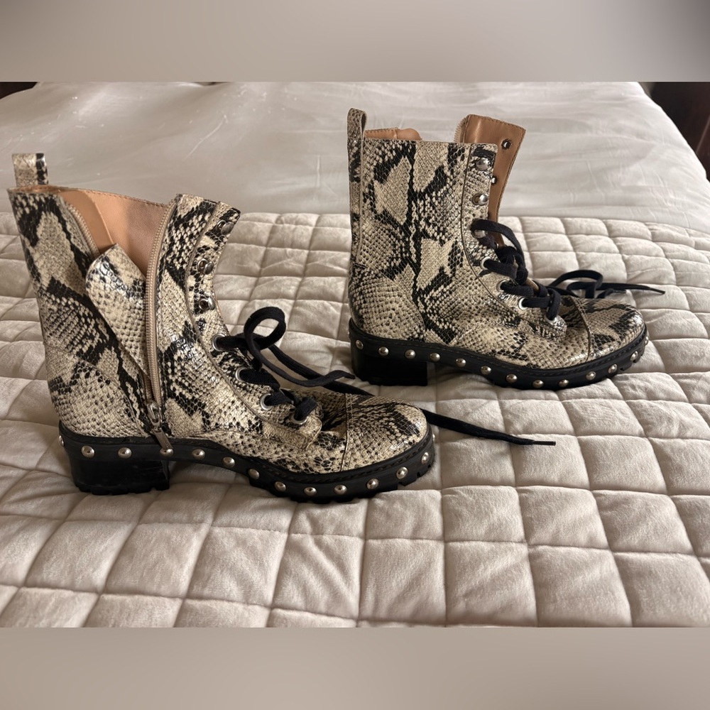 Schutz Women Andrea Snakeskin Embossed Stud Military Platform Lace Up Boot